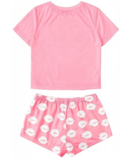 Sets Women's Sleepwear Face Print Top and Red Lip Shorts Pajama Set - Pink - CI18WQXCE3R