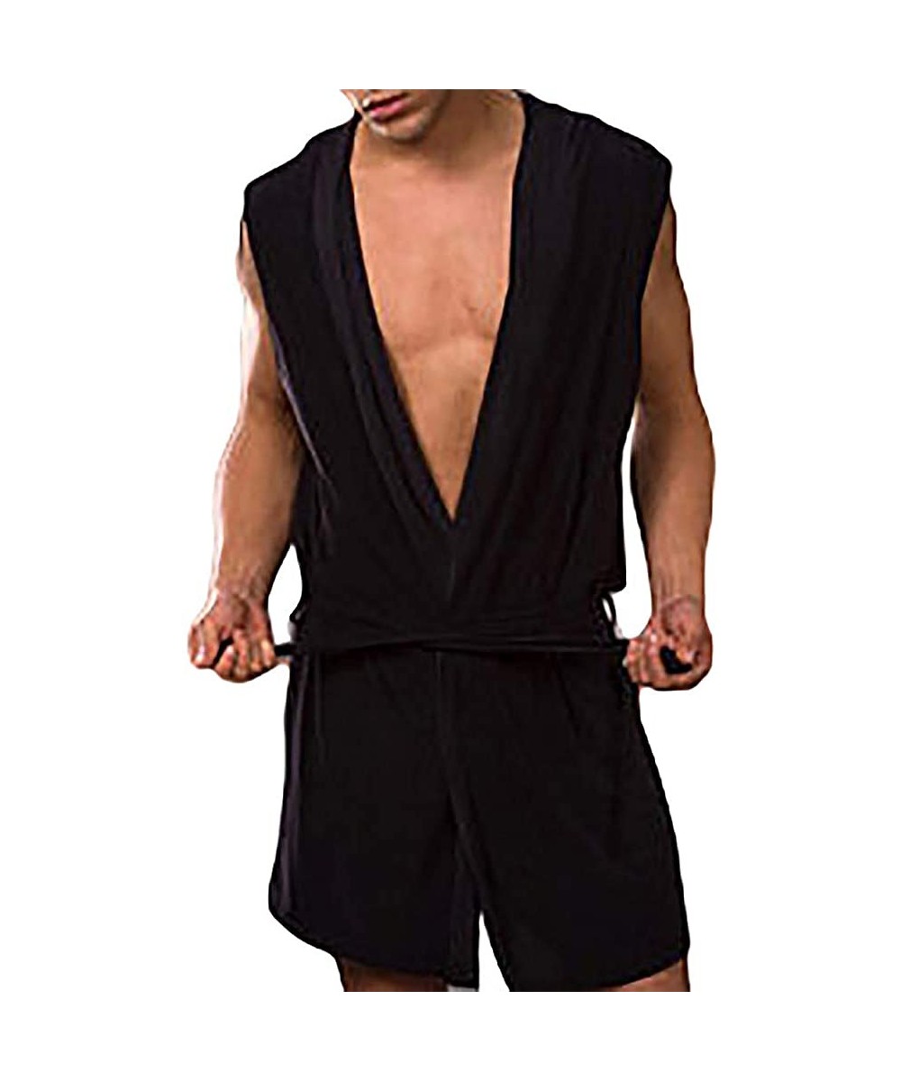 Robes Fashion Men's Bathrobe Sleeveless Hooded Spring Summer Sleepwear Nightgown Robe - Black - CQ18T6332ZW