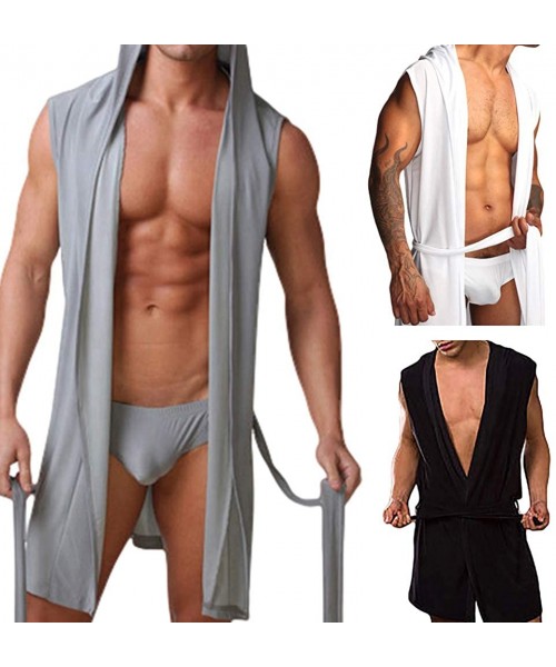 Robes Fashion Men's Bathrobe Sleeveless Hooded Spring Summer Sleepwear Nightgown Robe - Black - CQ18T6332ZW