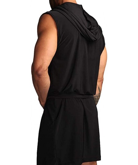 Robes Fashion Men's Bathrobe Sleeveless Hooded Spring Summer Sleepwear Nightgown Robe - Black - CQ18T6332ZW