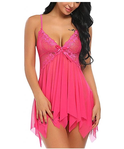 Baby Dolls & Chemises Women Lingerie Flower Lace Lingerie Babydoll V Neck Sleepwear Strap Chemise - Hot Pink - CH197ZI8S97