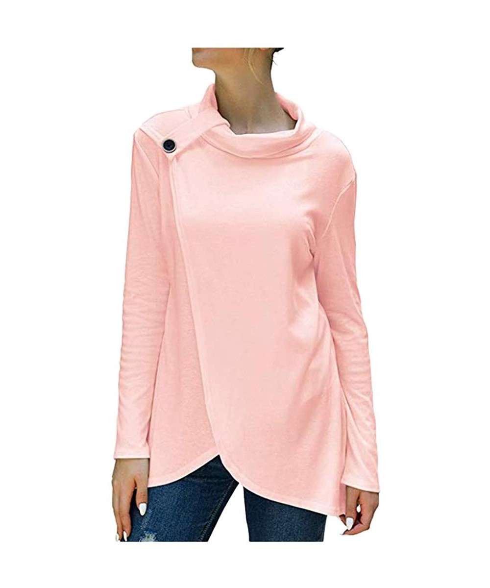 Tops Women's Wrap Shirts Turtleneck Loose Button Lightweight Pullover Tunic Tops - Pink - CN1927E45GL