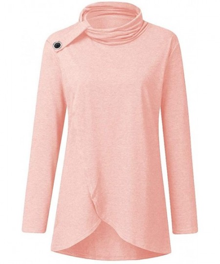 Tops Women's Wrap Shirts Turtleneck Loose Button Lightweight Pullover Tunic Tops - Pink - CN1927E45GL