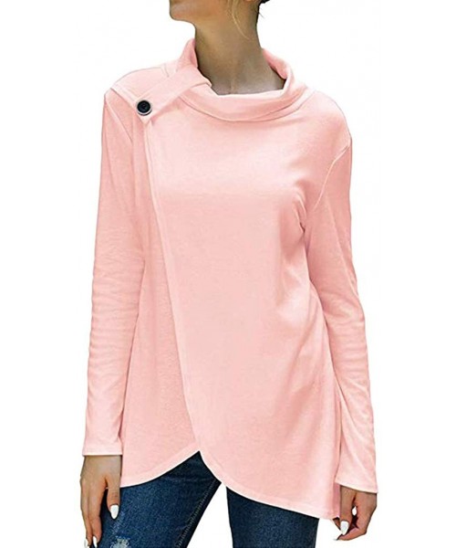 Tops Women's Wrap Shirts Turtleneck Loose Button Lightweight Pullover Tunic Tops - Pink - CN1927E45GL