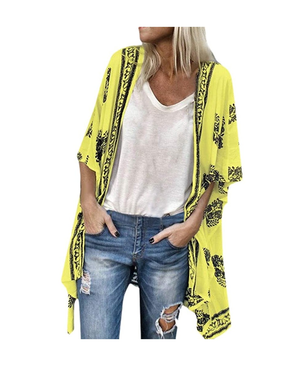 Slips Womens Cardigans Boho Print Lightweight Thin Sunscreen Chiffon Cardigan Kimono Cover up Coat - Yellow - C418XW8Z5KI