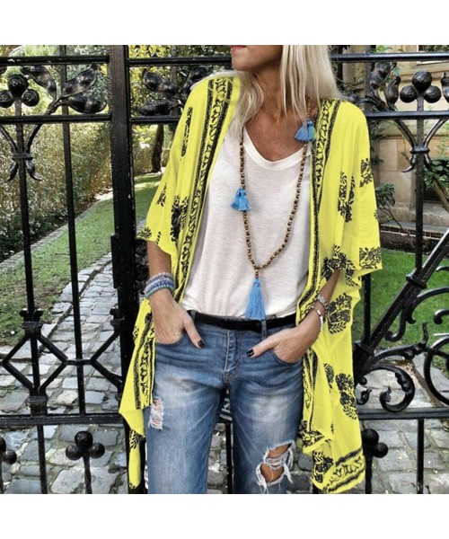 Slips Womens Cardigans Boho Print Lightweight Thin Sunscreen Chiffon Cardigan Kimono Cover up Coat - Yellow - C418XW8Z5KI