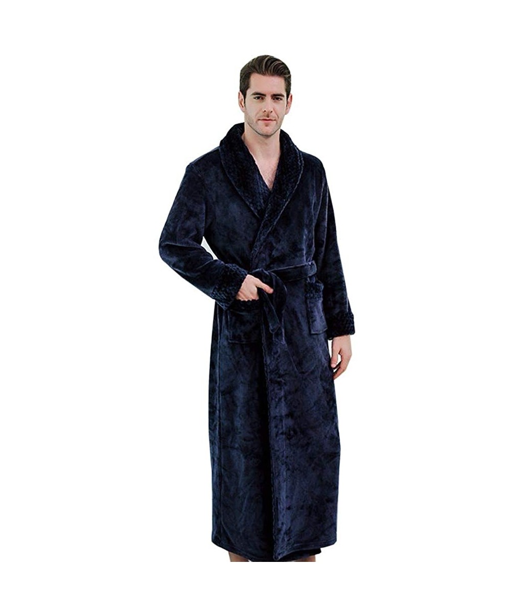 Robes Mens Robe Winter Coral Fleece Bathrobe Plush Long Bathrobe - Navy - CE18Z0TN6Z2