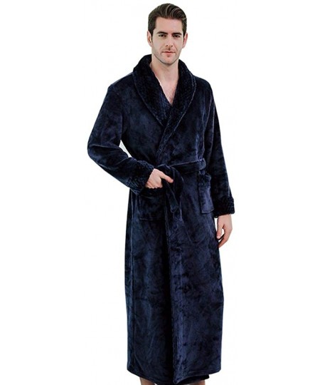 Robes Mens Robe Winter Coral Fleece Bathrobe Plush Long Bathrobe - Navy - CE18Z0TN6Z2