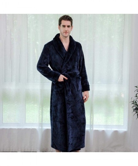 Robes Mens Robe Winter Coral Fleece Bathrobe Plush Long Bathrobe - Navy - CE18Z0TN6Z2