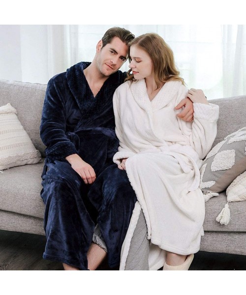 Robes Mens Robe Winter Coral Fleece Bathrobe Plush Long Bathrobe - Navy - CE18Z0TN6Z2