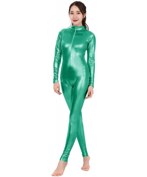 Shapewear Womens Shiny Metallic Spandex Zip Up Catsuit Unitard- Green- XXL - CE188RMXXI0