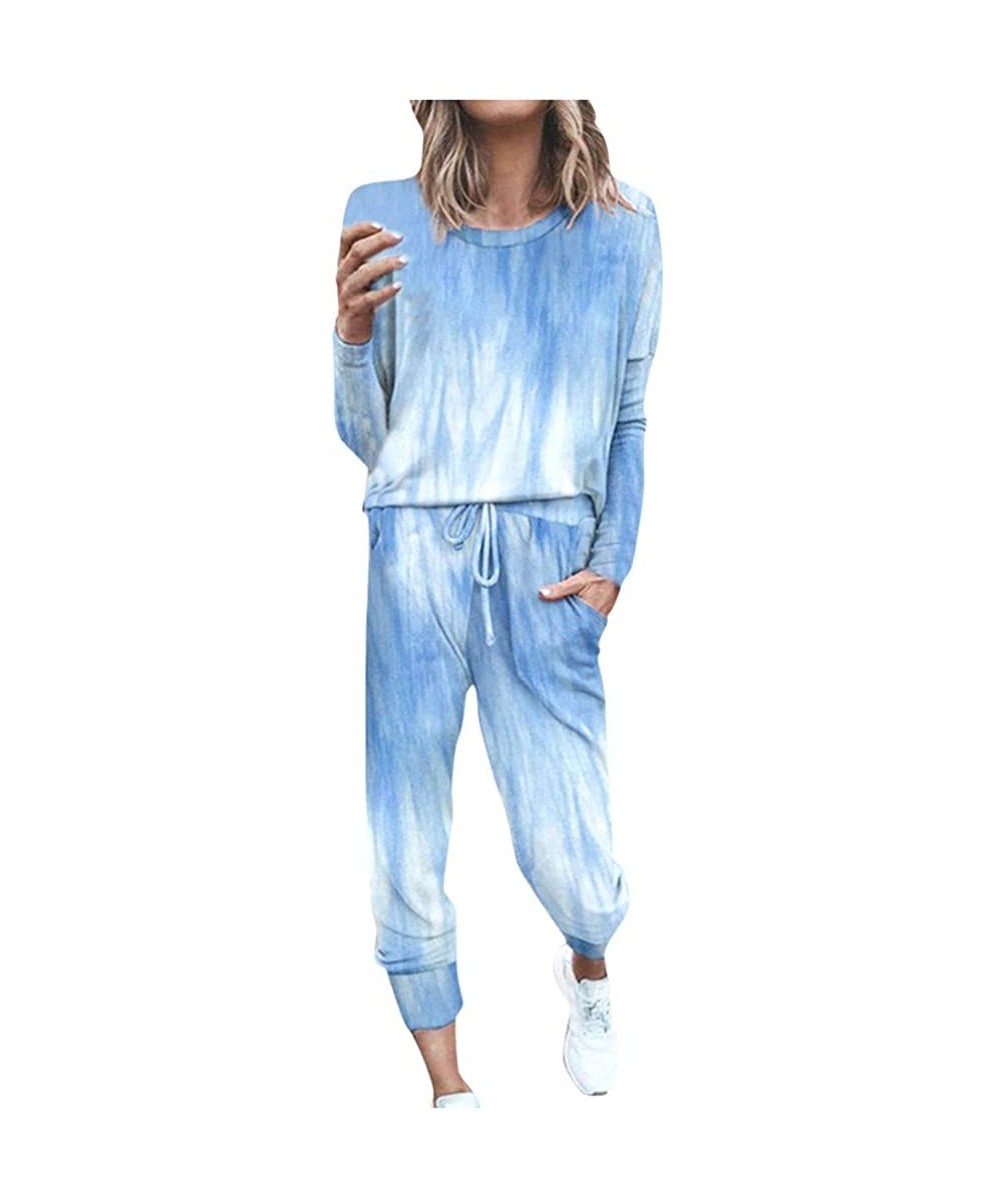 Sets Tie Dye Pajamas for Women Womens Long Sleeve Tie Dye Sweatsuit Pullover Sweatpants Jogger Long Pajamas Set Blue - CO19DS...