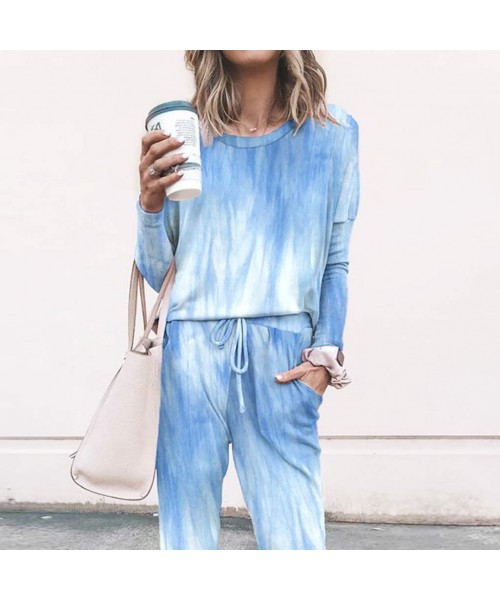 Sets Tie Dye Pajamas for Women Womens Long Sleeve Tie Dye Sweatsuit Pullover Sweatpants Jogger Long Pajamas Set Blue - CO19DS...