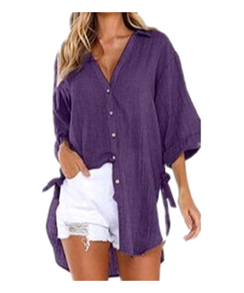 Shapewear Women Oversize Blouse Plus Size Button Up Shirt Loose Button Long Shirt Cotton Ladies Casual Tops T-Shirt - Purple ...