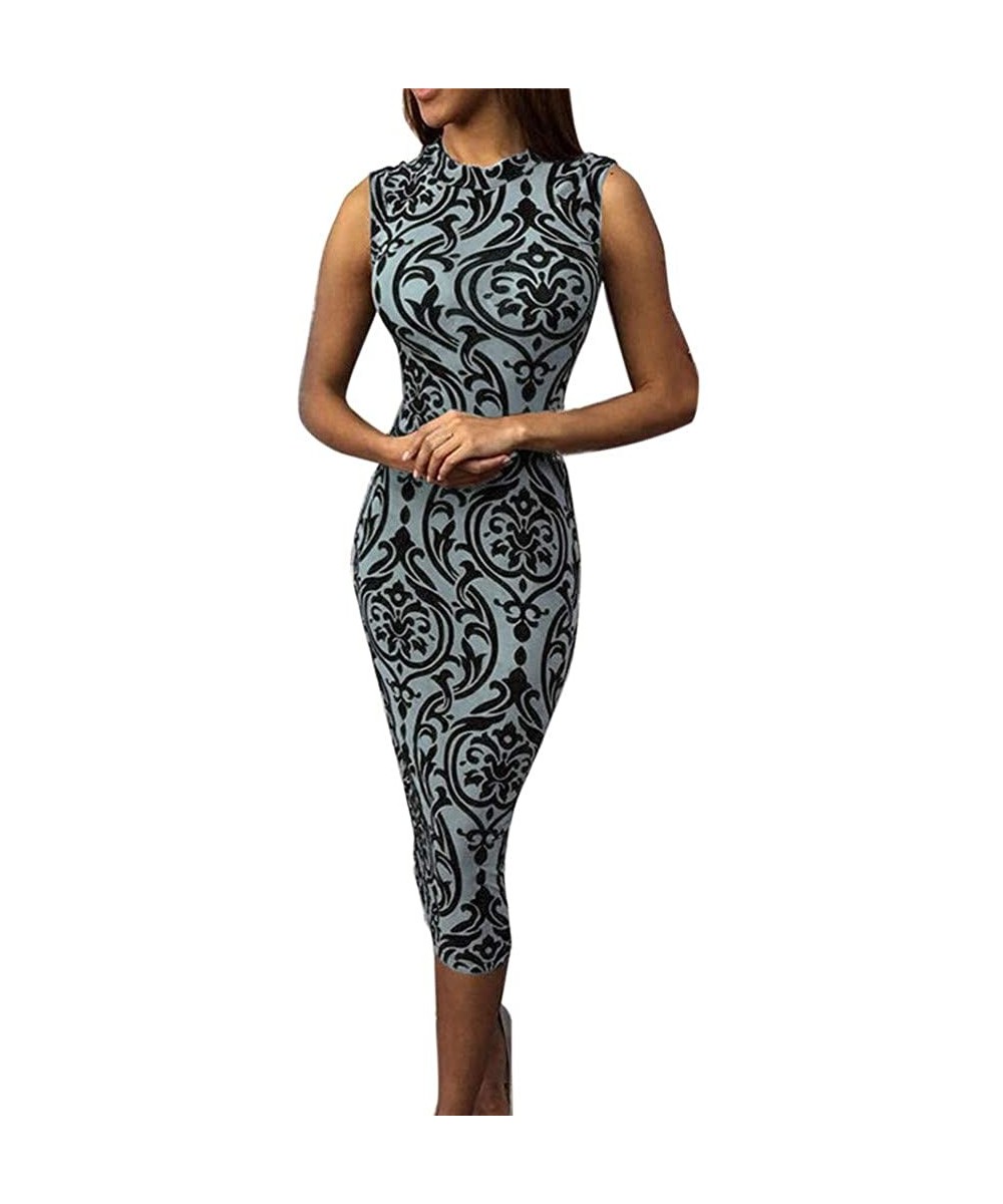 Bottoms Women Skirt O Neck Vintage Print Bodycon Dress Sleeveless Dresses - Blue - CF18QI90NAQ