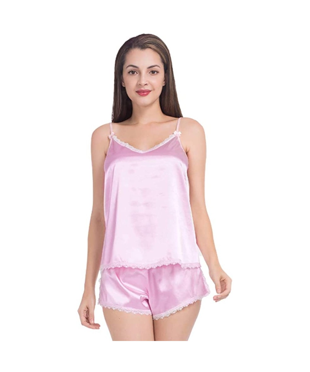 Sets Satin Pajamas for Women Cami Shorts Set Lingerie Lace Sexy Sleepwear - Lace Pink - CH18SK3WK74