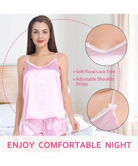 Sets Satin Pajamas for Women Cami Shorts Set Lingerie Lace Sexy Sleepwear - Lace Pink - CH18SK3WK74