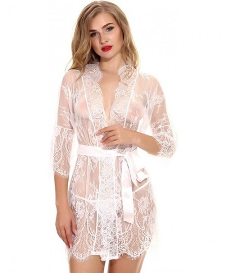 Baby Dolls & Chemises Women Sexy Lace Kimono Robe Babydoll Lingerie Set Mesh Floral Nightgown G-String - White - C818RSGU0XO