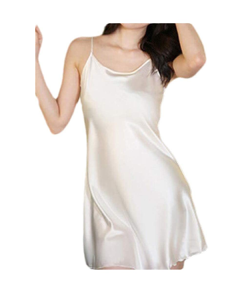 Nightgowns & Sleepshirts Womens Sleeveless Spaghetti Strap Solid Color Loose Fit Satin Nightgown Night Dress - Creamy White -...