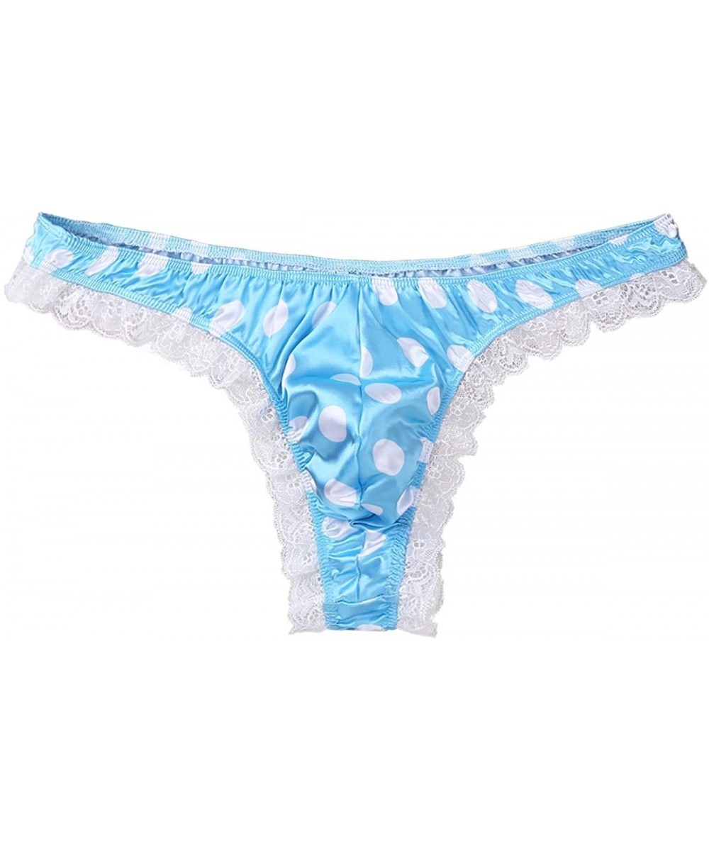 Mens Sissy Shiny Satin Low Rise Ruffle Lace Polka Dots Bikini G String Thong Crossdress