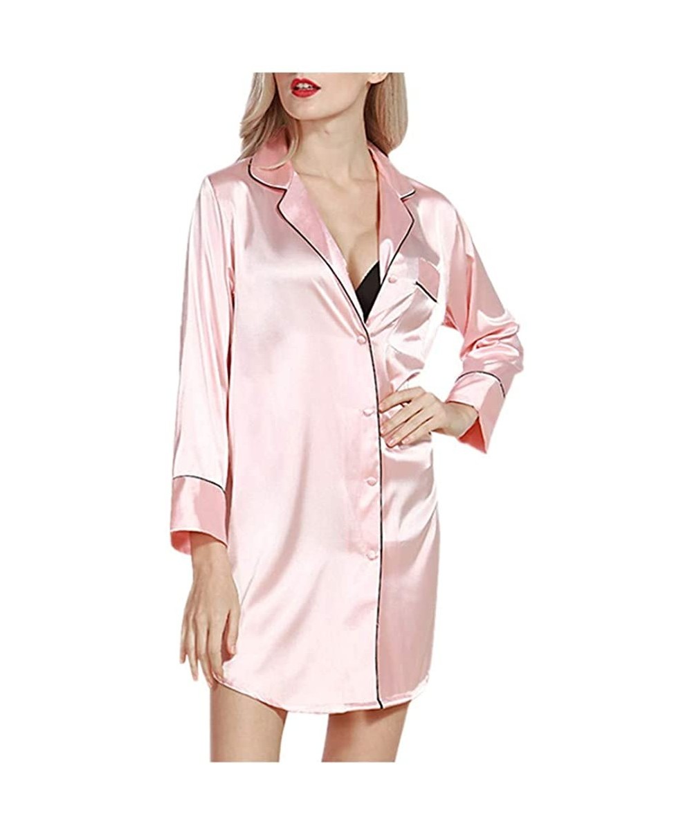 Tops Night Shirt Womens Sexy Button Down Long Sleeve Satin Pajamas Ladies Pocket Nightgown - Pink - CA1950MDYMI