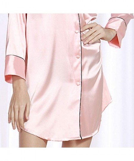 Tops Night Shirt Womens Sexy Button Down Long Sleeve Satin Pajamas Ladies Pocket Nightgown - Pink - CA1950MDYMI