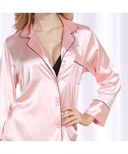 Tops Night Shirt Womens Sexy Button Down Long Sleeve Satin Pajamas Ladies Pocket Nightgown - Pink - CA1950MDYMI