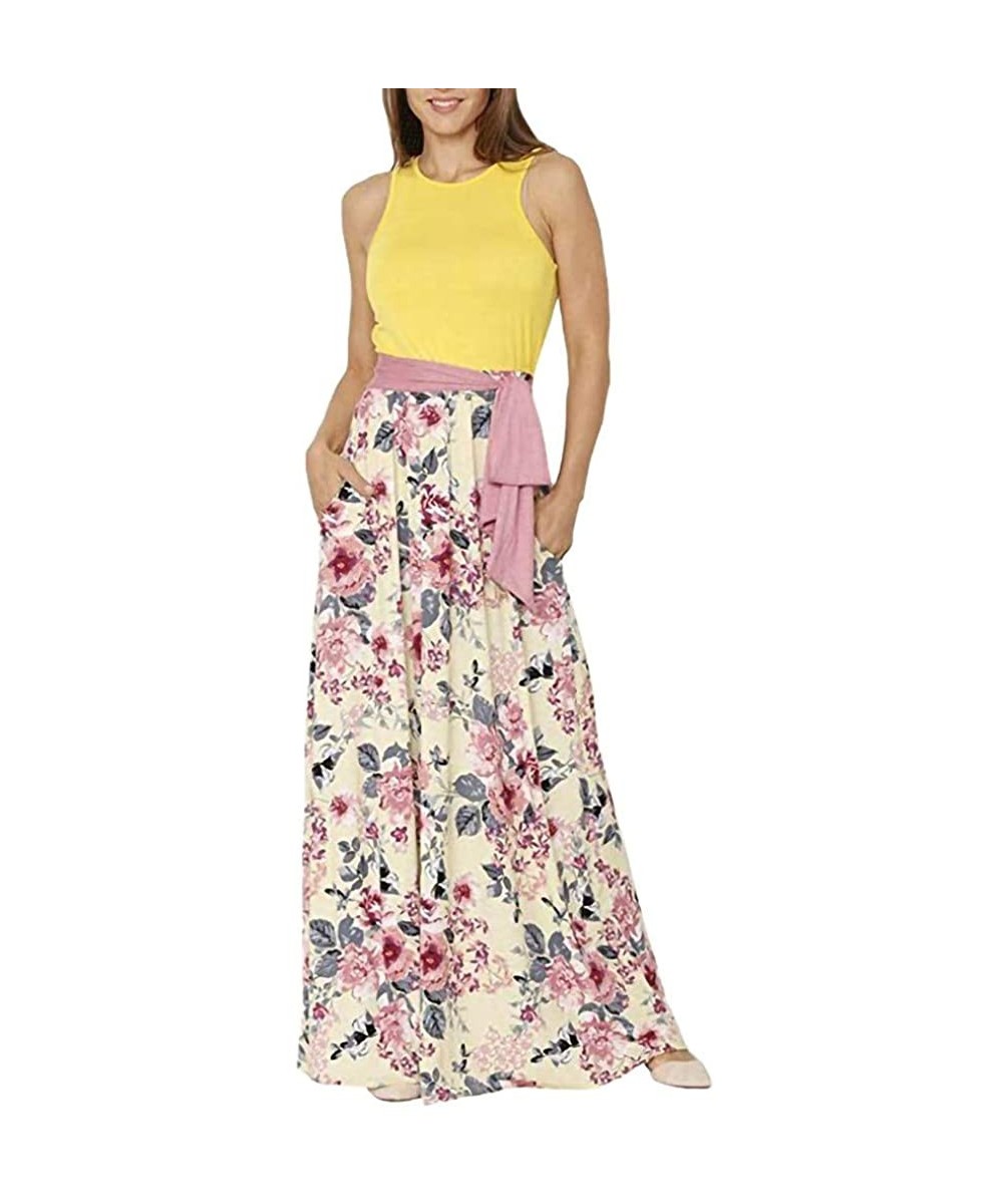 Baby Dolls & Chemises Women's Casual Loose Short Sleeve Floral Maxi Dresses with Pockets - Yellow a - CZ18TCOX6TY