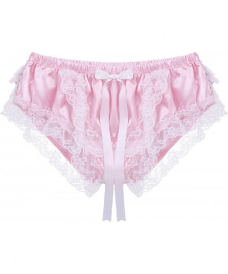 Briefs Men's Silky Shiny Satin Ruffled Lacy Sissy Thongs Crossdress Underwear - Pink - C118H366AE8