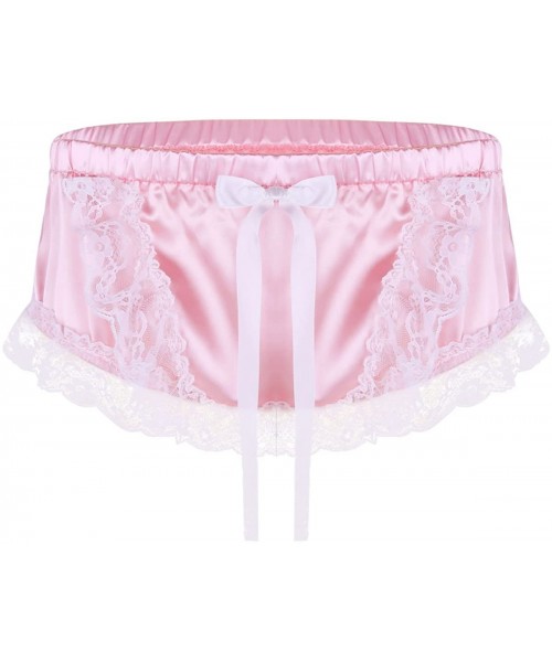 Briefs Men's Silky Shiny Satin Ruffled Lacy Sissy Thongs Crossdress Underwear - Pink - C118H366AE8