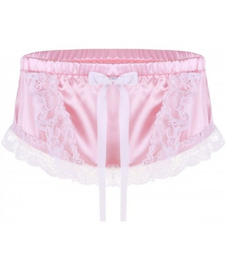 Briefs Men's Silky Shiny Satin Ruffled Lacy Sissy Thongs Crossdress Underwear - Pink - C118H366AE8