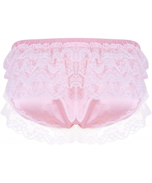 Briefs Men's Silky Shiny Satin Ruffled Lacy Sissy Thongs Crossdress Underwear - Pink - C118H366AE8