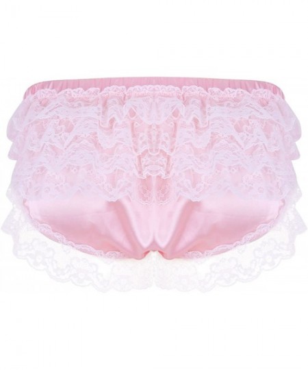 Briefs Men's Silky Shiny Satin Ruffled Lacy Sissy Thongs Crossdress Underwear - Pink - C118H366AE8