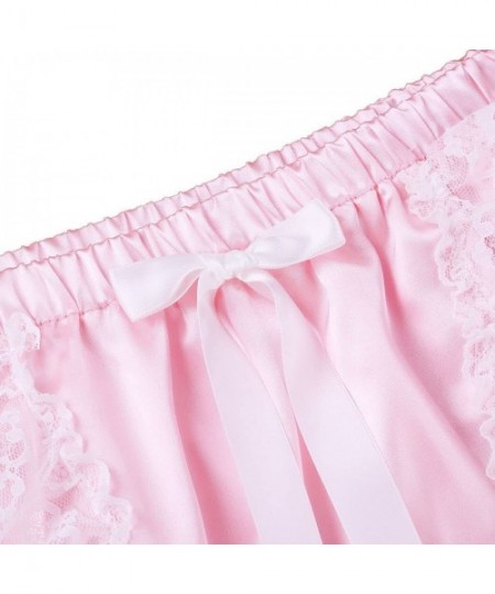 Briefs Men's Silky Shiny Satin Ruffled Lacy Sissy Thongs Crossdress Underwear - Pink - C118H366AE8