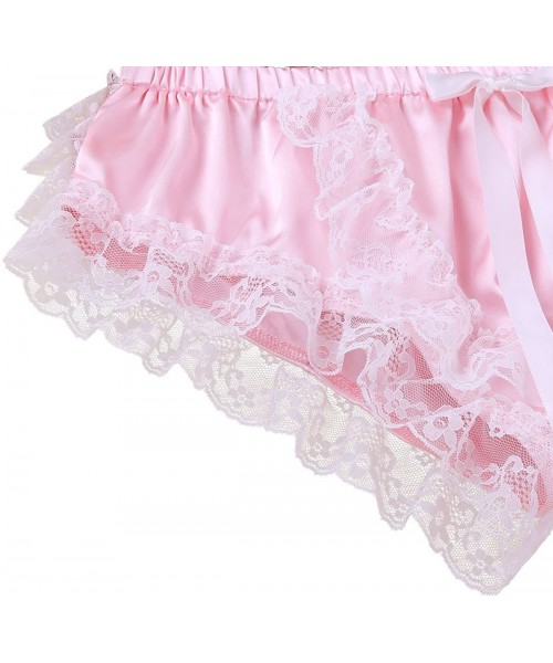 Briefs Men's Silky Shiny Satin Ruffled Lacy Sissy Thongs Crossdress Underwear - Pink - C118H366AE8