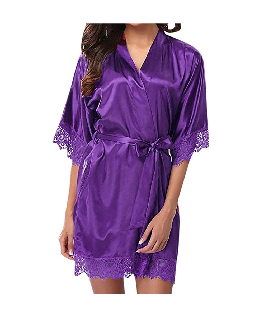 Nightgowns & Sleepshirts Women's Lady Sexy Lace Sleepwear Satin Nightwear Lingerie Pajamas Suit - Purple - CD195H4QLCT