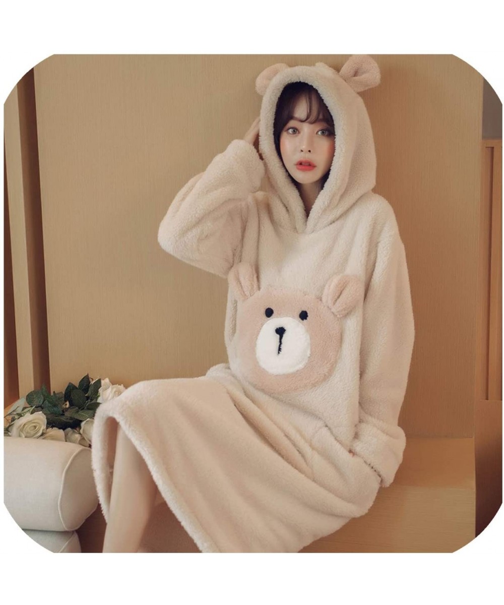 Nightgowns & Sleepshirts Woman Cartoon Embroidery Flannel Hooded Sleepdress Cute Long Sleeve Coral Velvet Female Nightgown Au...