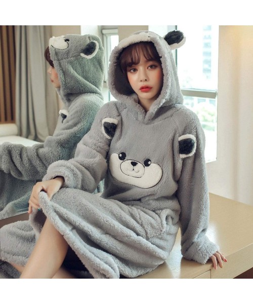 Nightgowns & Sleepshirts Woman Cartoon Embroidery Flannel Hooded Sleepdress Cute Long Sleeve Coral Velvet Female Nightgown Au...