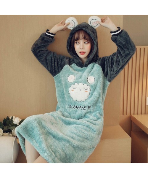 Nightgowns & Sleepshirts Woman Cartoon Embroidery Flannel Hooded Sleepdress Cute Long Sleeve Coral Velvet Female Nightgown Au...