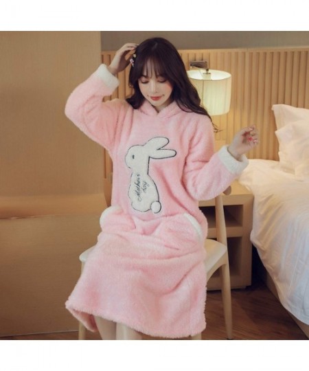 Nightgowns & Sleepshirts Woman Cartoon Embroidery Flannel Hooded Sleepdress Cute Long Sleeve Coral Velvet Female Nightgown Au...