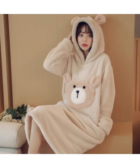 Nightgowns & Sleepshirts Woman Cartoon Embroidery Flannel Hooded Sleepdress Cute Long Sleeve Coral Velvet Female Nightgown Au...