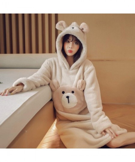 Nightgowns & Sleepshirts Woman Cartoon Embroidery Flannel Hooded Sleepdress Cute Long Sleeve Coral Velvet Female Nightgown Au...