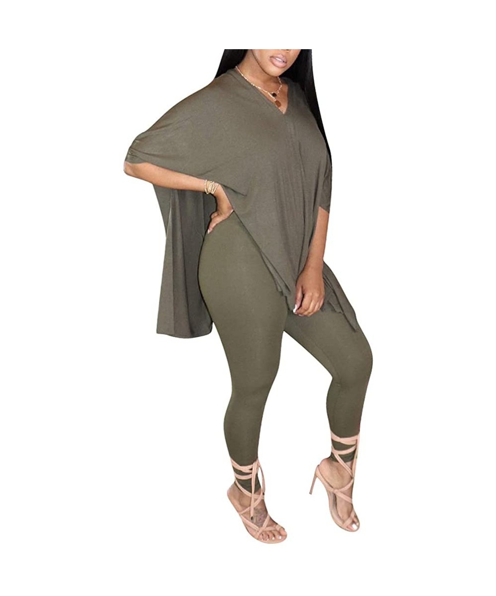 Sets Women's 2 Piece Jumpsuit Half Sleeve Loose Asymmetric Top Bodycon Long Pant Set Romper Outfit - 10green - CT19DOCSGME