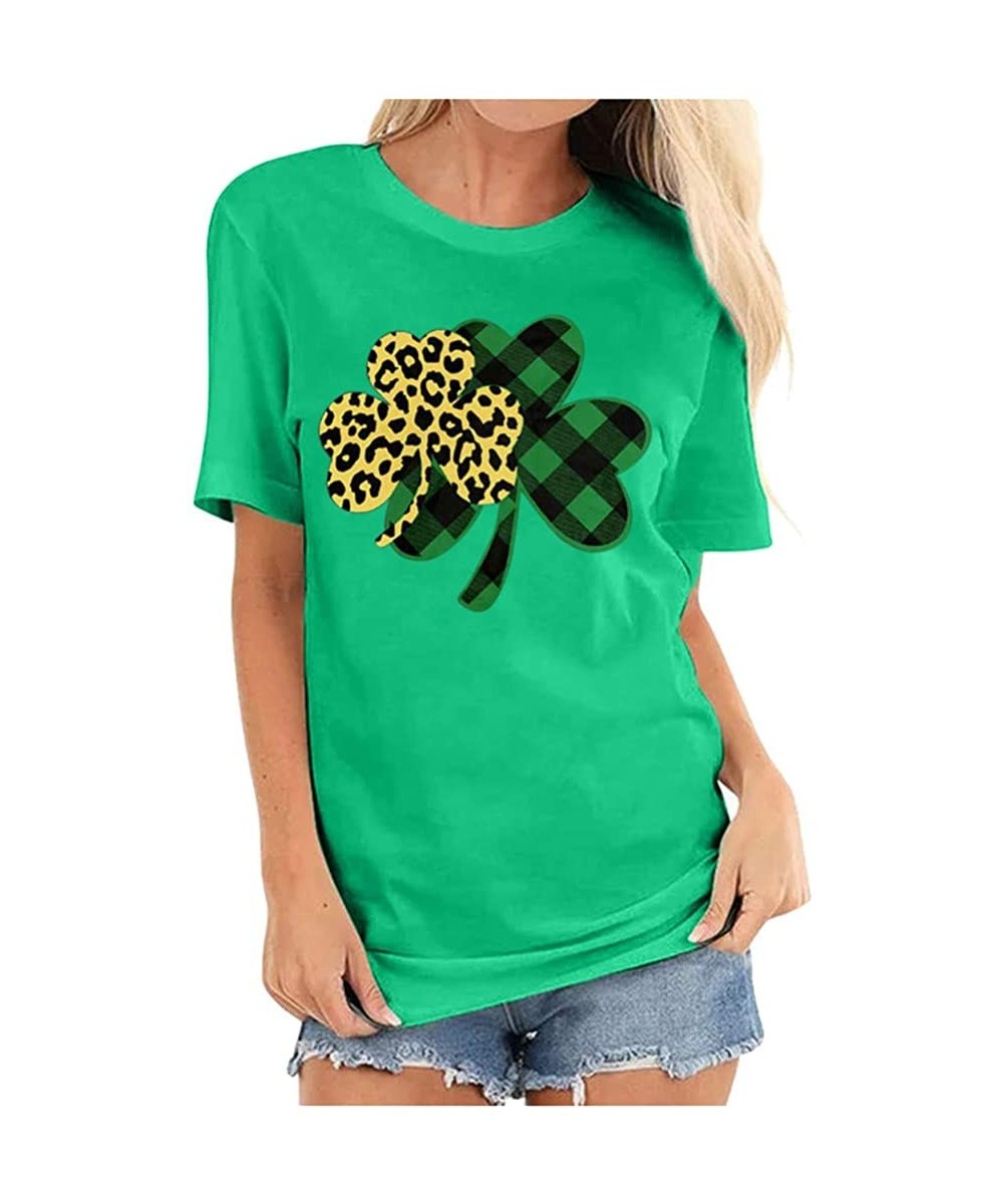 Tops Women's St. Patrick's Day Clover Print Short Sleeve T-Shirt - Green - CK196GW7II0