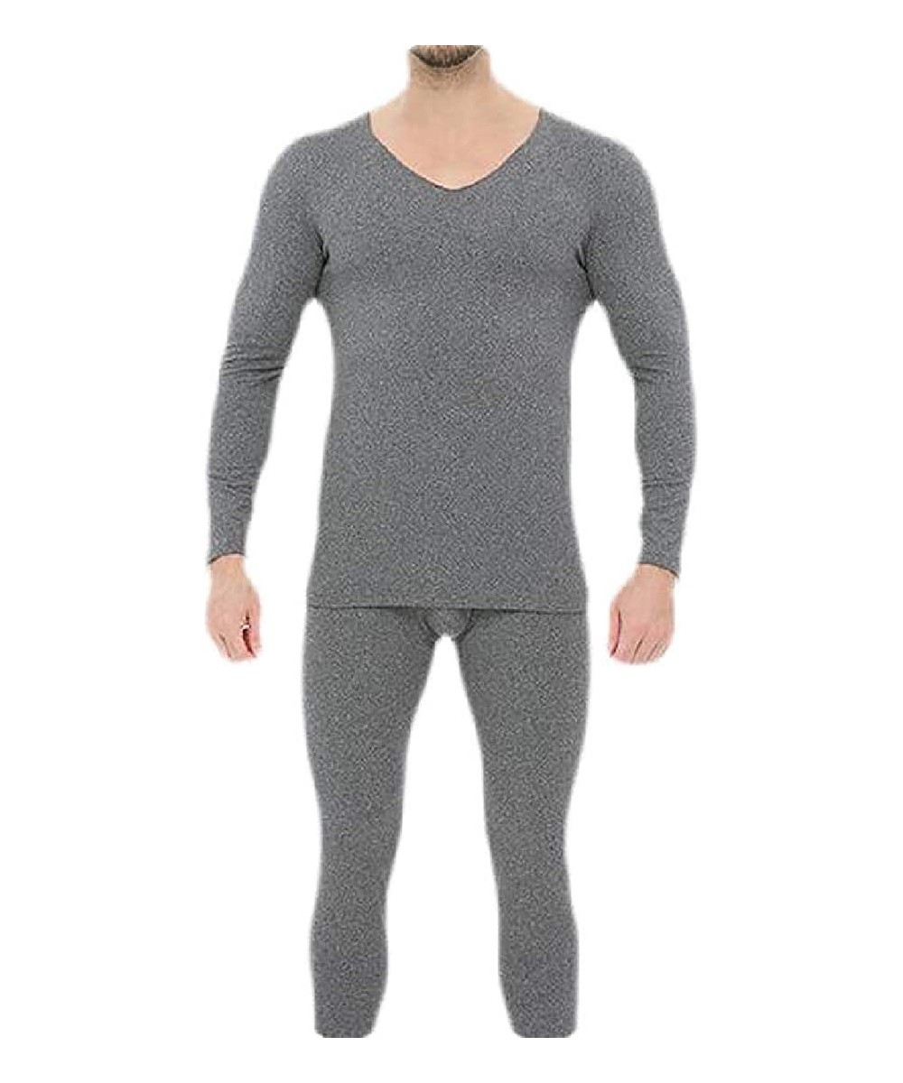 Thermal Underwear Mens Fall & Winter Fleece Seamless Slim Fit V-Neck Thermal Underwear Sets Long Johns - 2 - CQ193LM4D9R