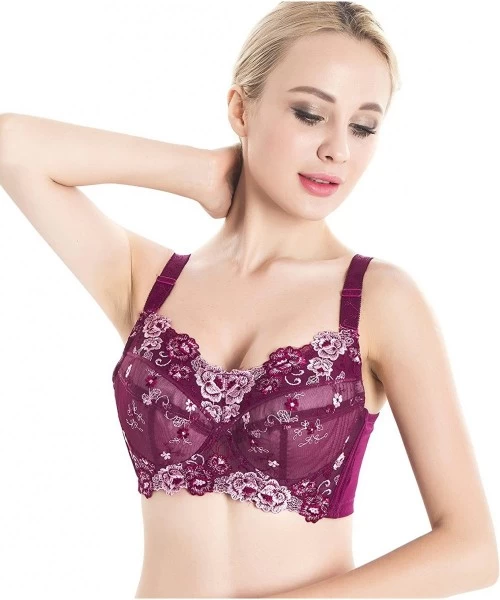 Bras Womens Lace Full Coverage Non Padded Underwire Bras 32B 48DDDDD - Wine - CZ17YOXM6YS