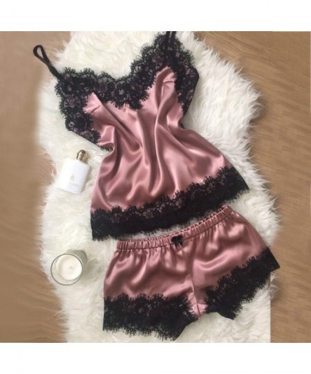 Sets Women's Sleepwear Sexy Satin Pajama Set Black Lace V-Neck Pyjamas Sleeveless Cute Cami Top and Short Pijama - F - CB1907...