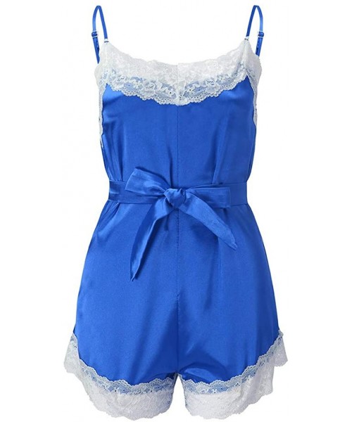 Sets Sling One-Piece Pajamas 1 Piece Set Lace Sleepwear v-Neck Sexy Tracksuit With Belt - Blue - C8192WQD9CK