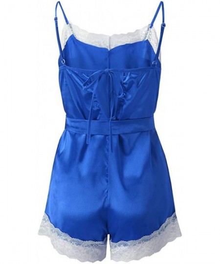 Sets Sling One-Piece Pajamas 1 Piece Set Lace Sleepwear v-Neck Sexy Tracksuit With Belt - Blue - C8192WQD9CK