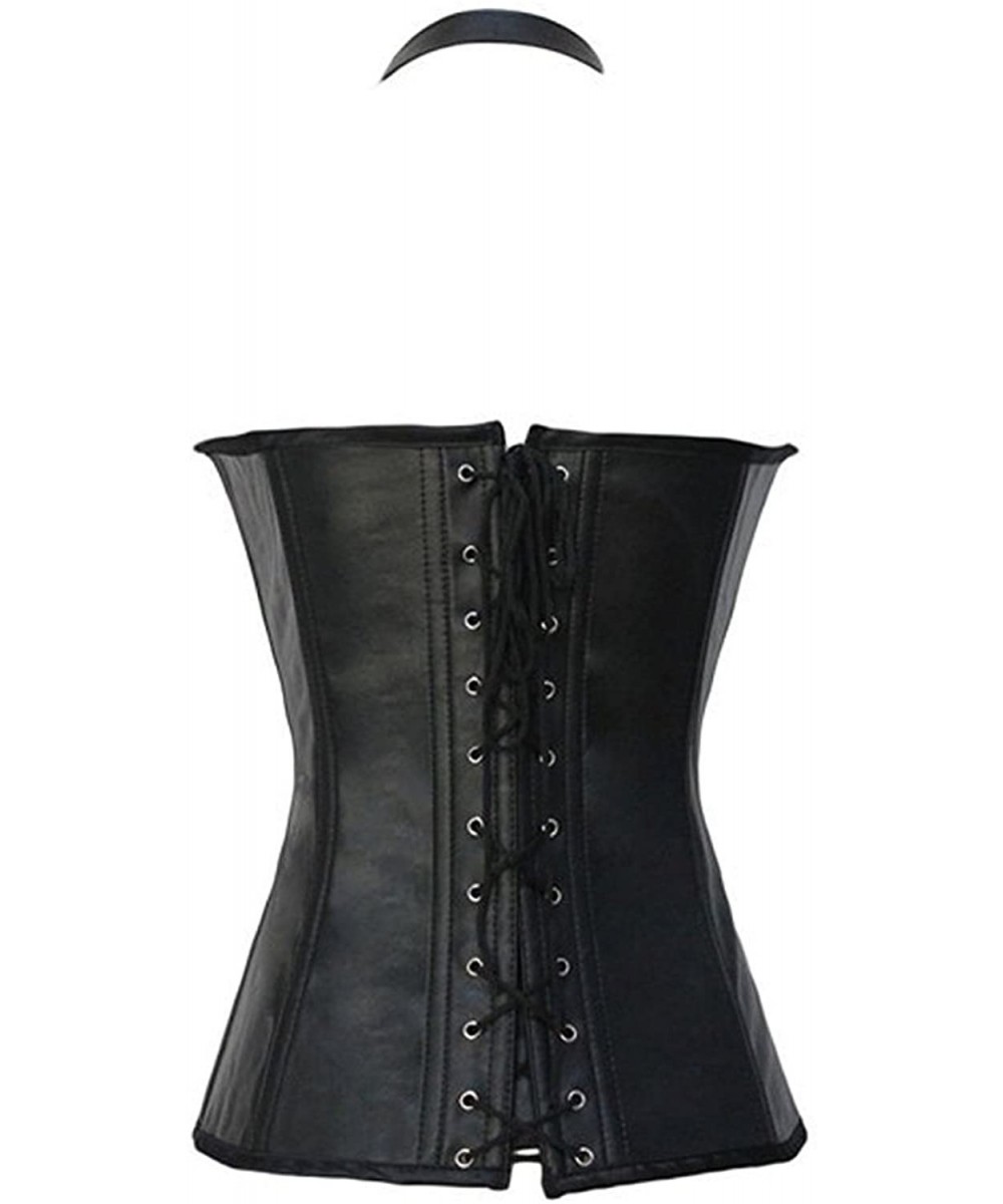 Women S Punk Rock Faux Leather Buckle Up Corset Bustier Basque With G String Buckle Black